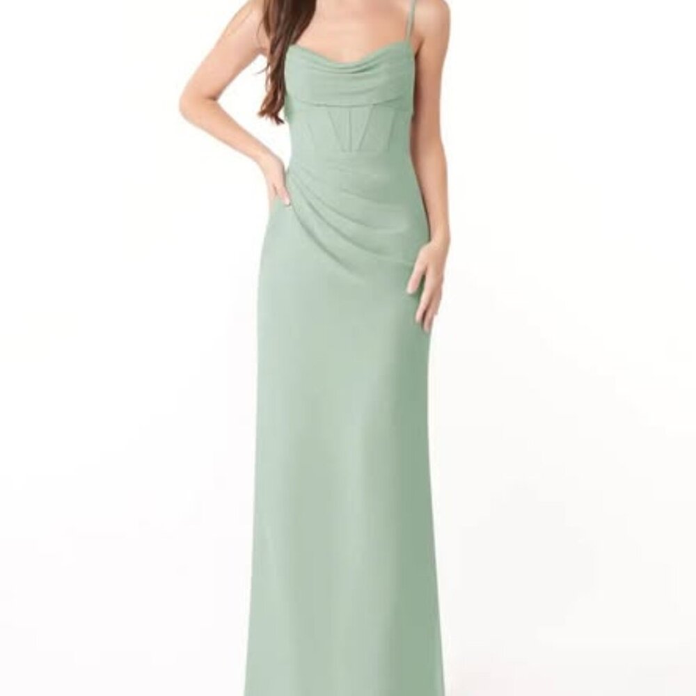 Azazie Agave Green Cowl Neck Spaghetti Strap Gown